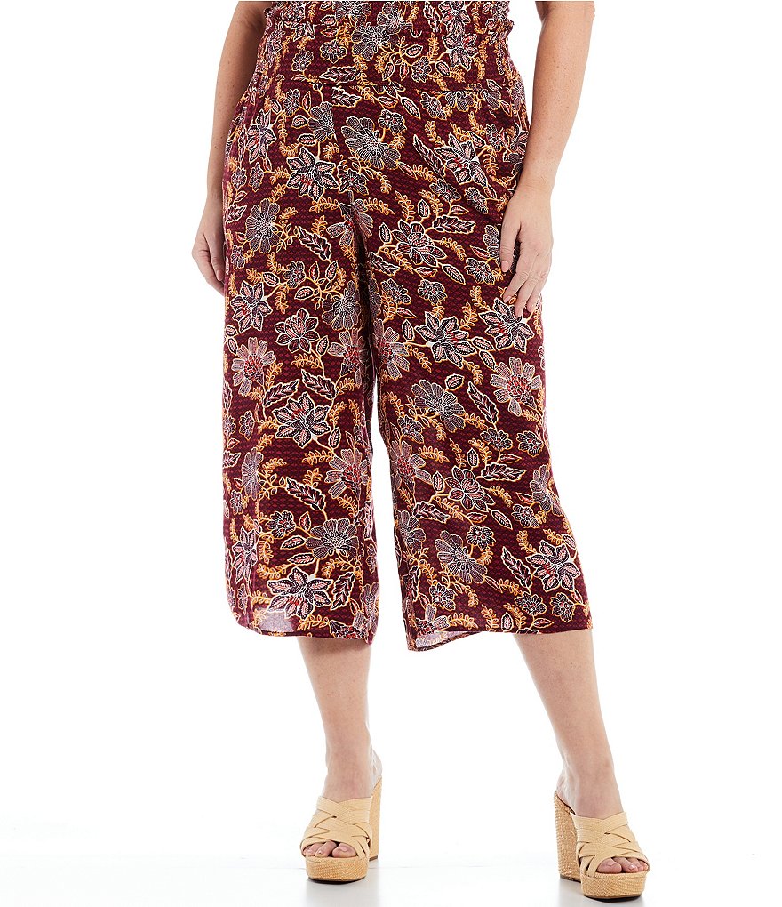 Jessica Simpson Plus Size Senna Red Dahlia Moroccan Blooms Smocked Pull-On Pants