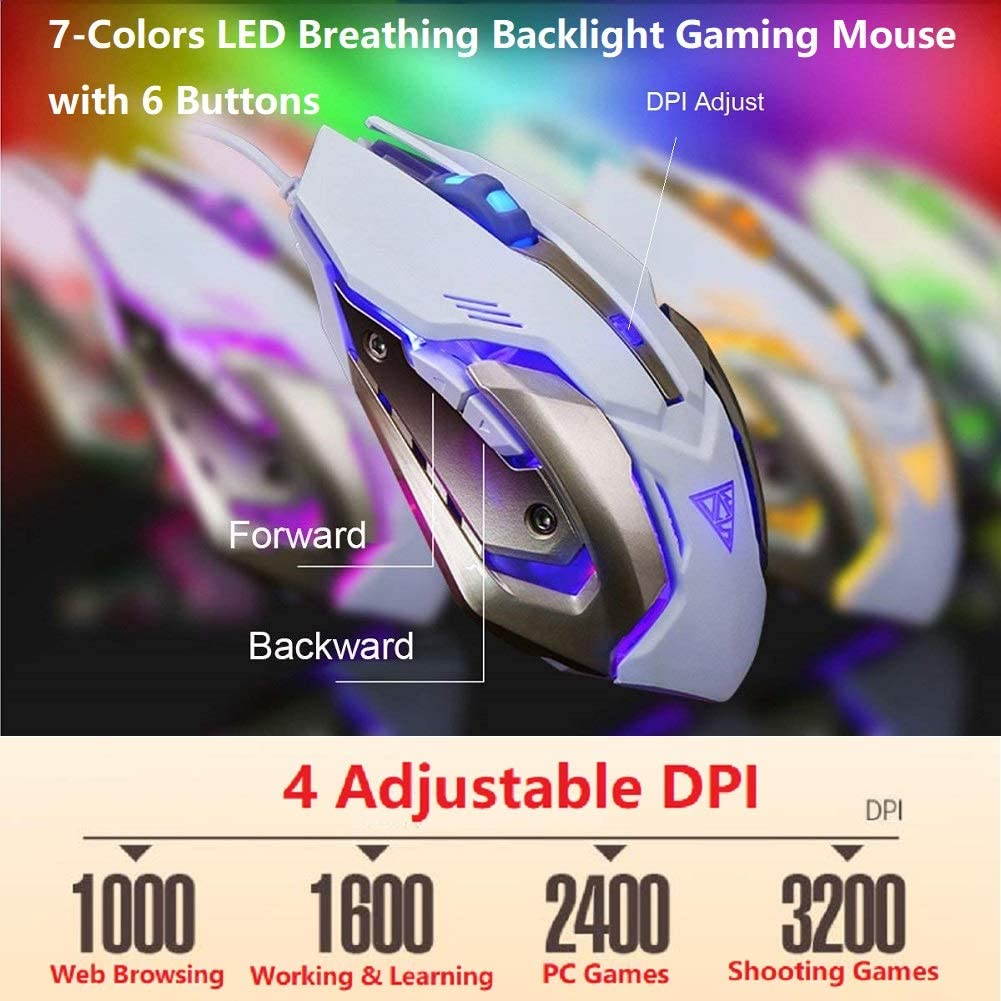 RGB Gaming Keyboard Mouse Combo Wired,Color Changing LED Backlit Computer Gaming Keyboad,Lighted PC Gaming Mouse,USB Keyboard Clicky Keys,Durable Metal Structure,for Xbox One PS4 Games Gamer Working
