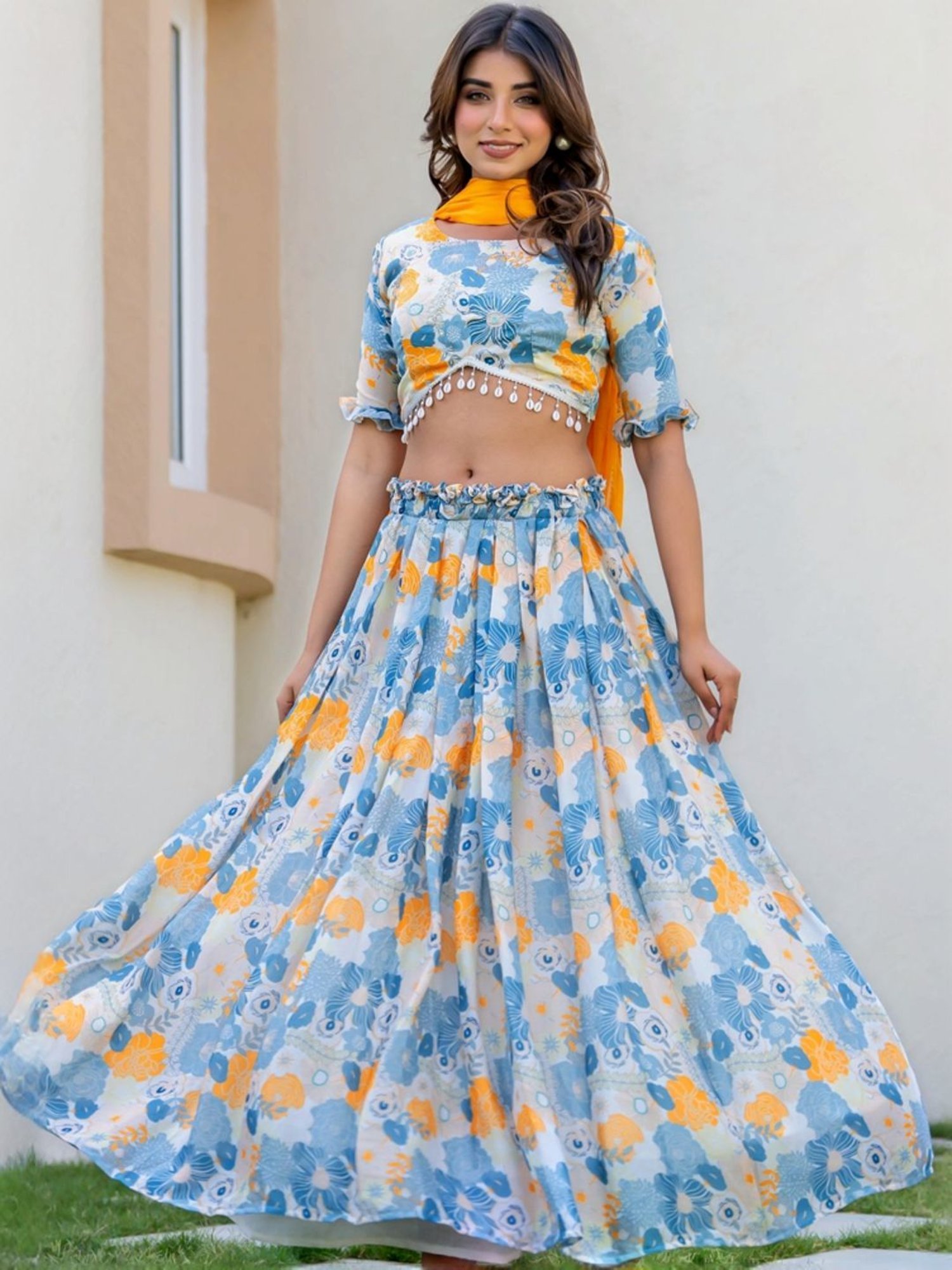 HOUSE OF JAMOTI Blue Printed Lehenga Choli Set With Dupatta