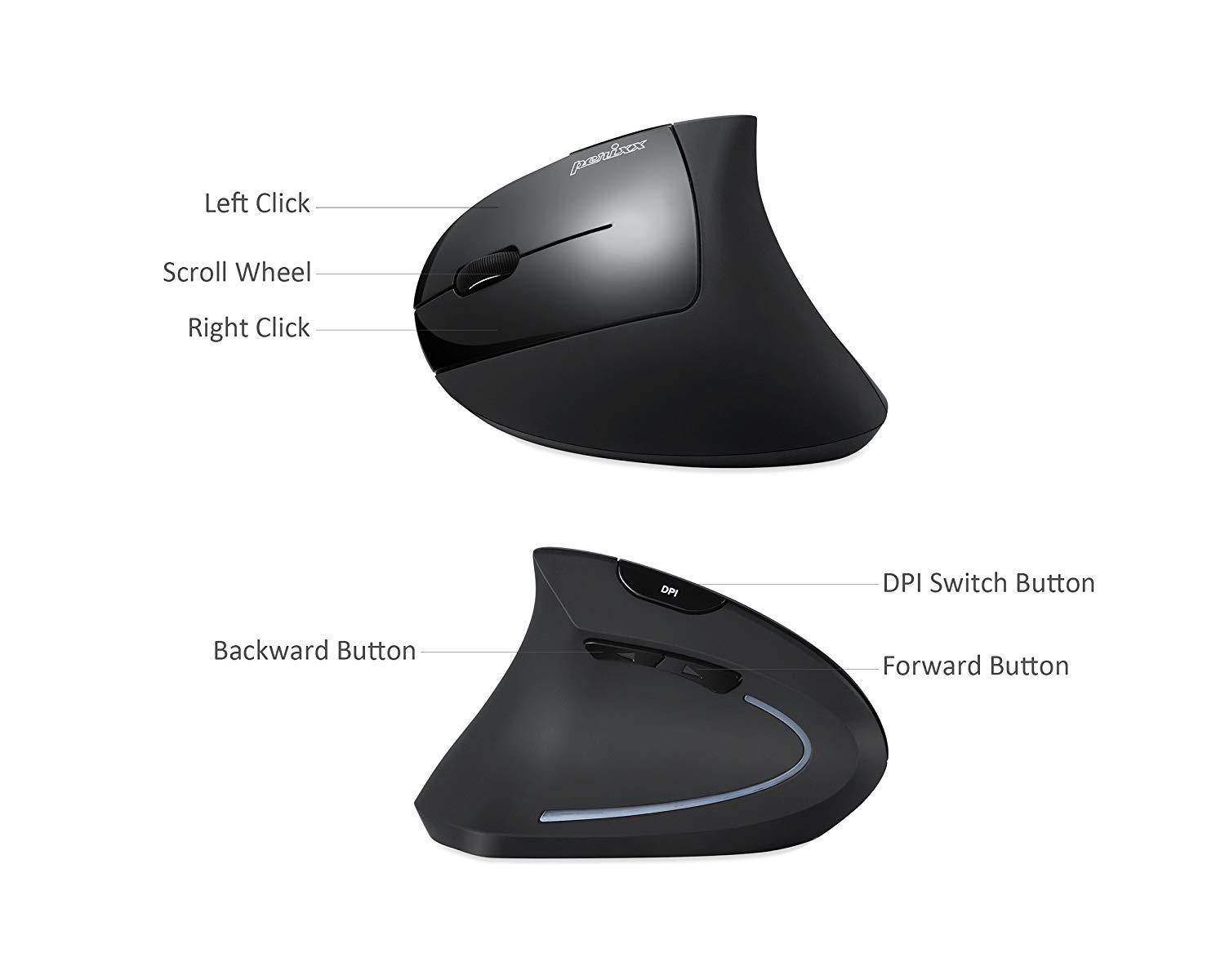 Perixx PERIMICE-713L Left Handed Ergonomic Wireless Vertical Mouse - 800/1200/1600 DPI - Recommended with RSI User