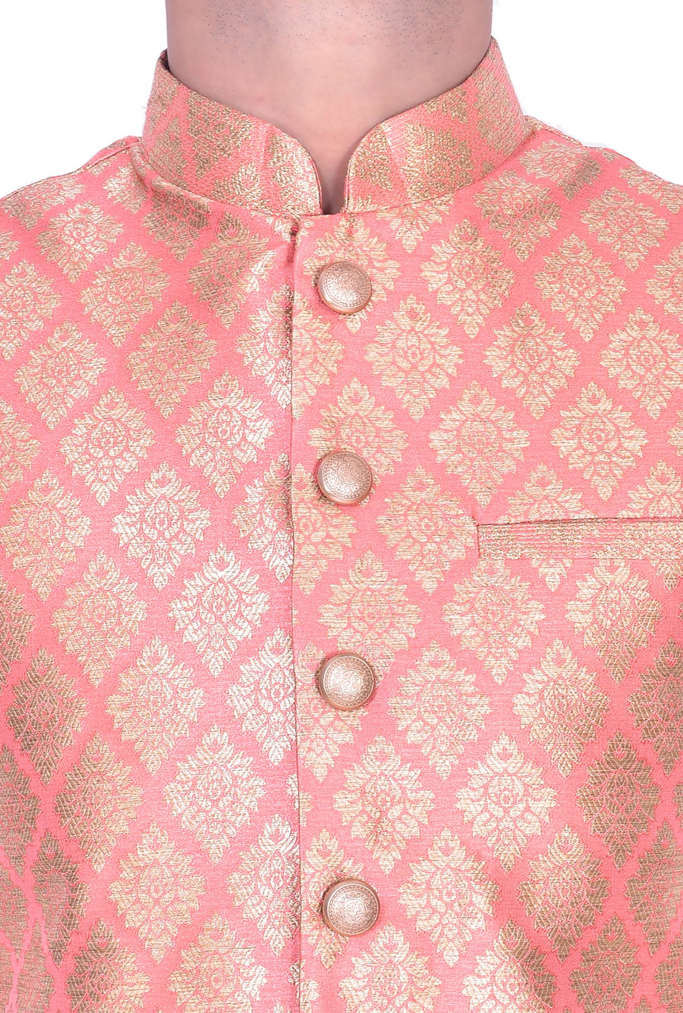 Manyavar Peach Mandarin Collar Ethnic Jacket
