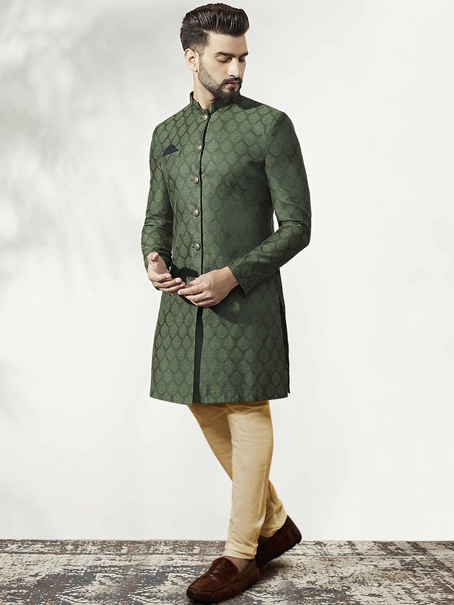 KISAH Olive & Beige Regular Fit Self Design Sherwani Set
