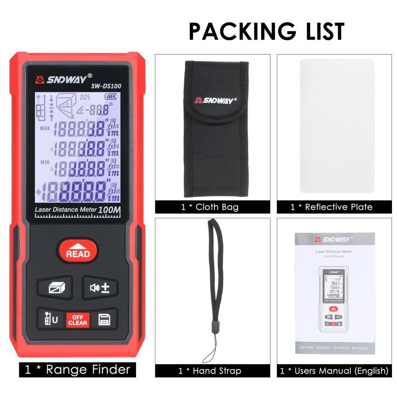 SNDWAY 100M Portable Laser Distance Meter Handheld Digital Laser Rangefinder Intelligent High Precision Infrared Electronic Ruler Laser Ruler Distance Measuring Instrument