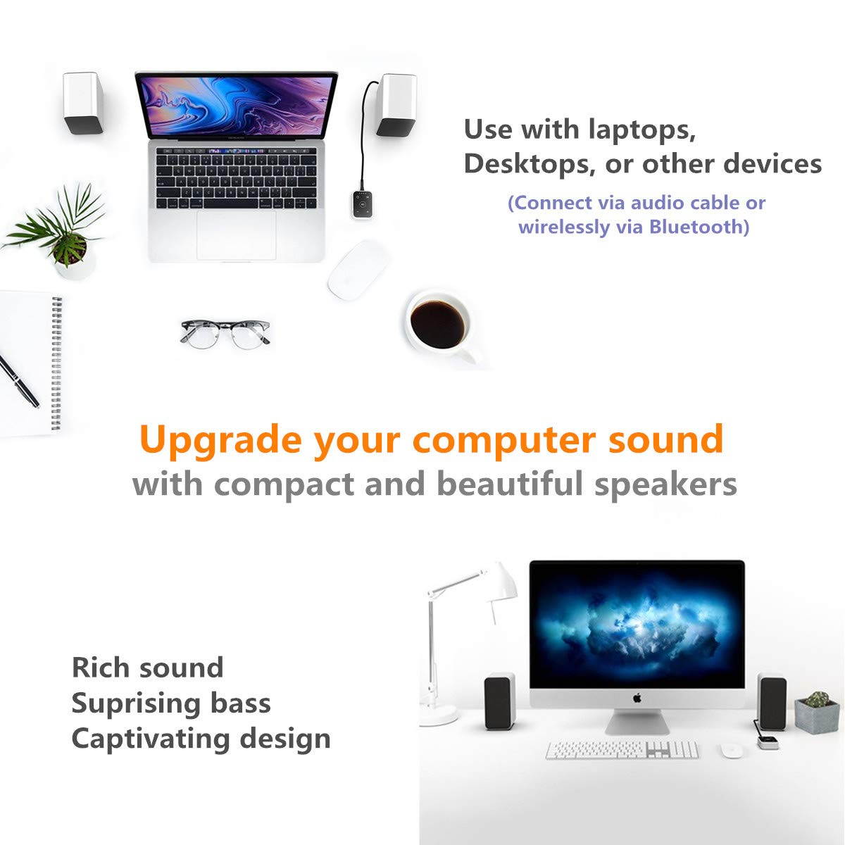 KEiiD PC Computer Speaker Compact Bluetooth Stereo System with Aluminum Housing for Laptop Desktop PC Gaming Computers, Unique Touch Controller, Built-in Bluetooth 5.0 Receiver for Wireless Streaming