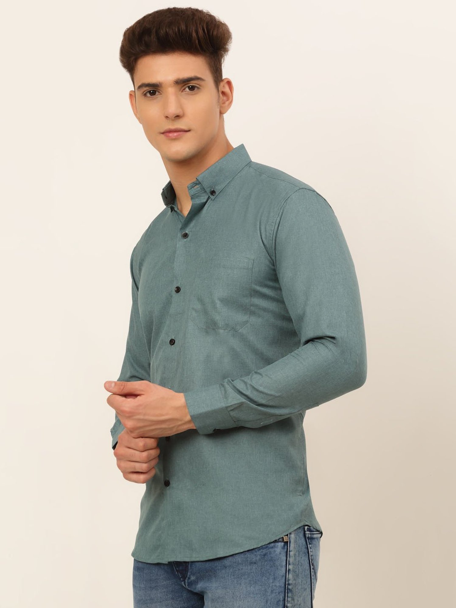 Jainish Olive Green Cotton Regular Fit Shirt