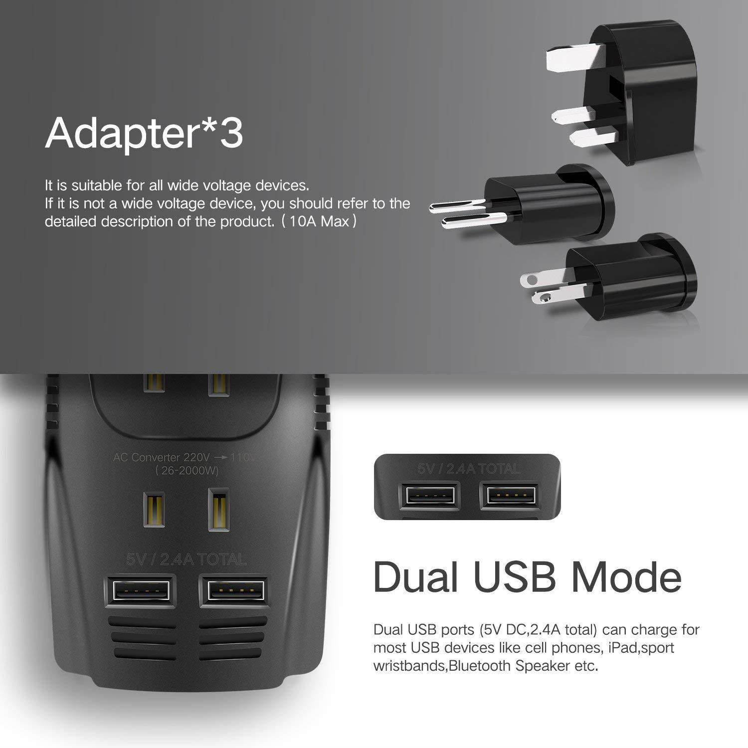 TryAce 2000W Voltage Converter with 2 USB Ports,Set Down 220V to 110V Power Converter for Hair Dryer /Straightener /Curling Iron, Travel Transformer for UK/AU/US/EU Plug Adapter(Exclusive)