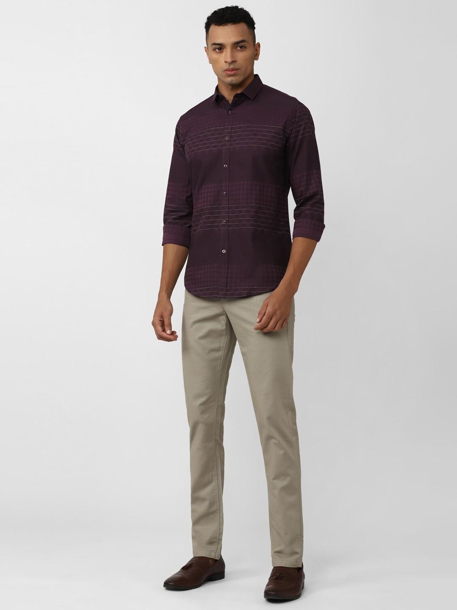 V Dot Maroon Cotton Slim Fit Checks Shirt