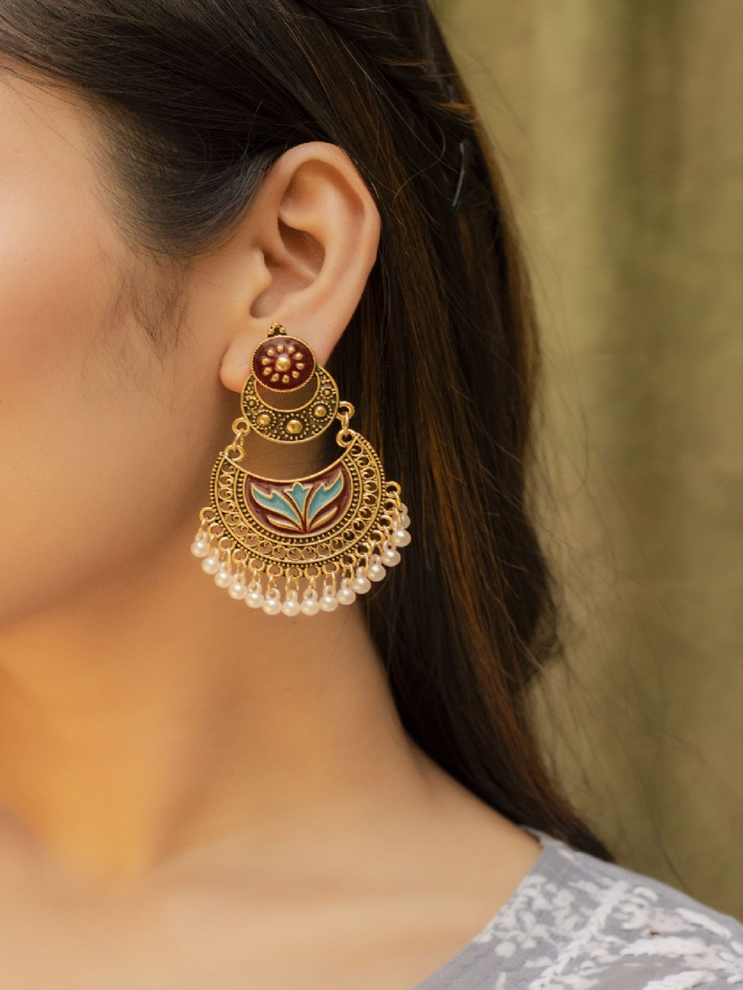 Jewelz Trendy Chand Bali Earrings Embellished With Small Pearls for Girls & Women