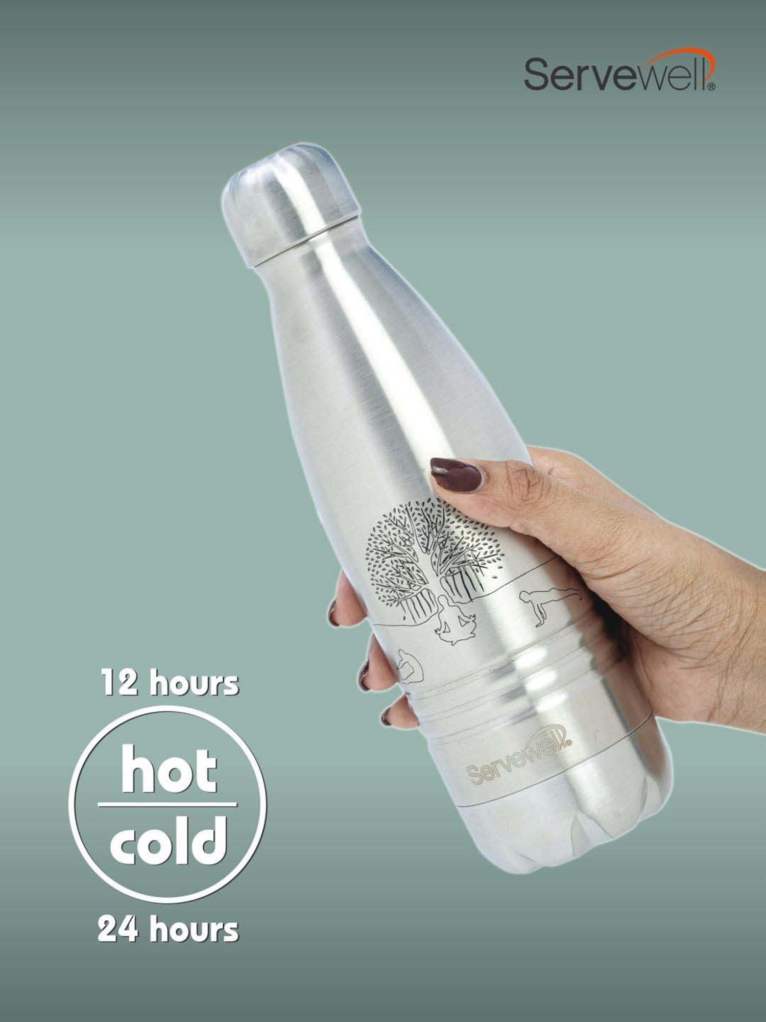 Servewell Indus Silver Stainless Steel Yoga Printed Vacuum Bottle (0.5 L)