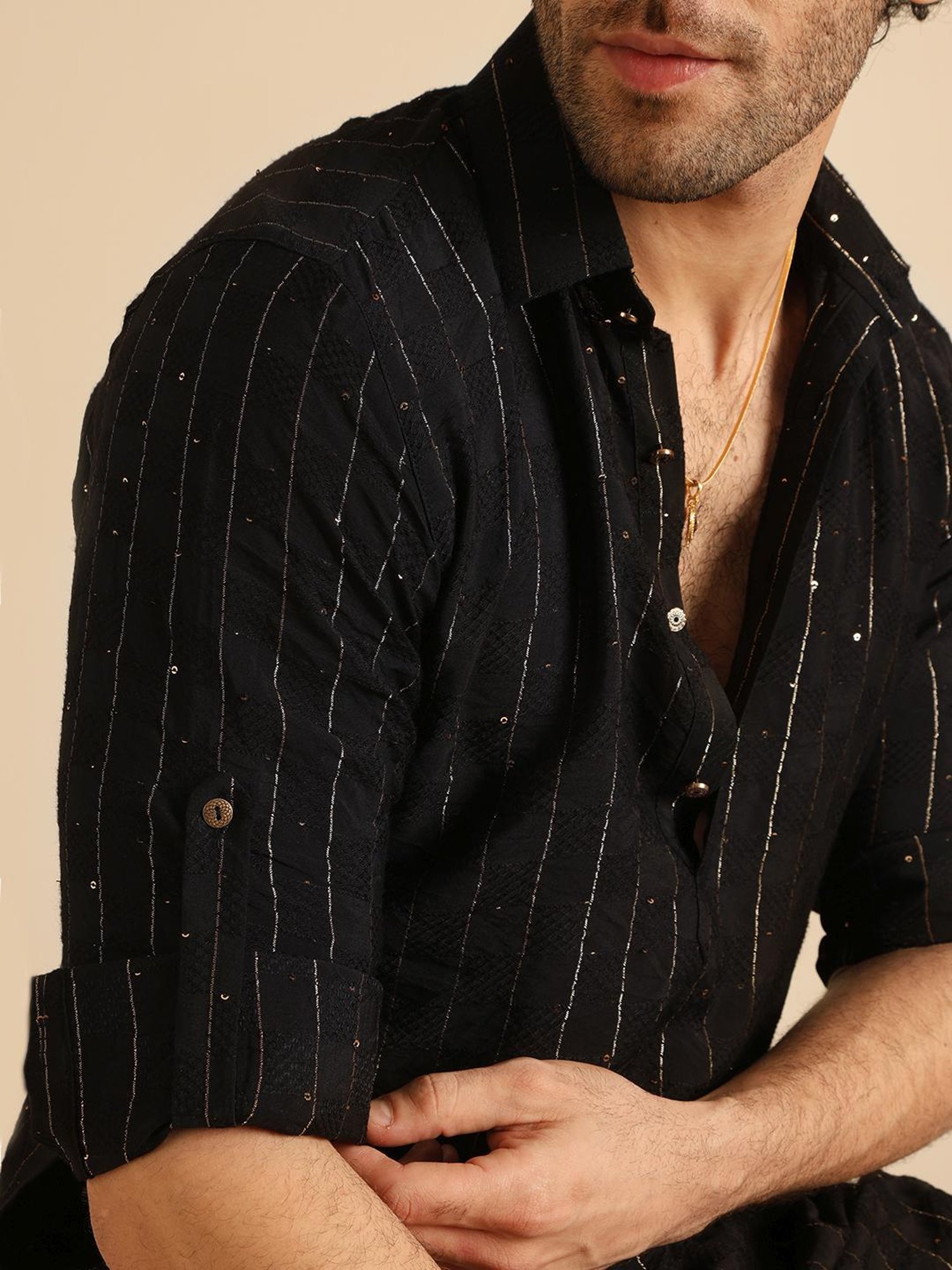 Kisah Black Regular Fit Striped Kurta Bottom Set