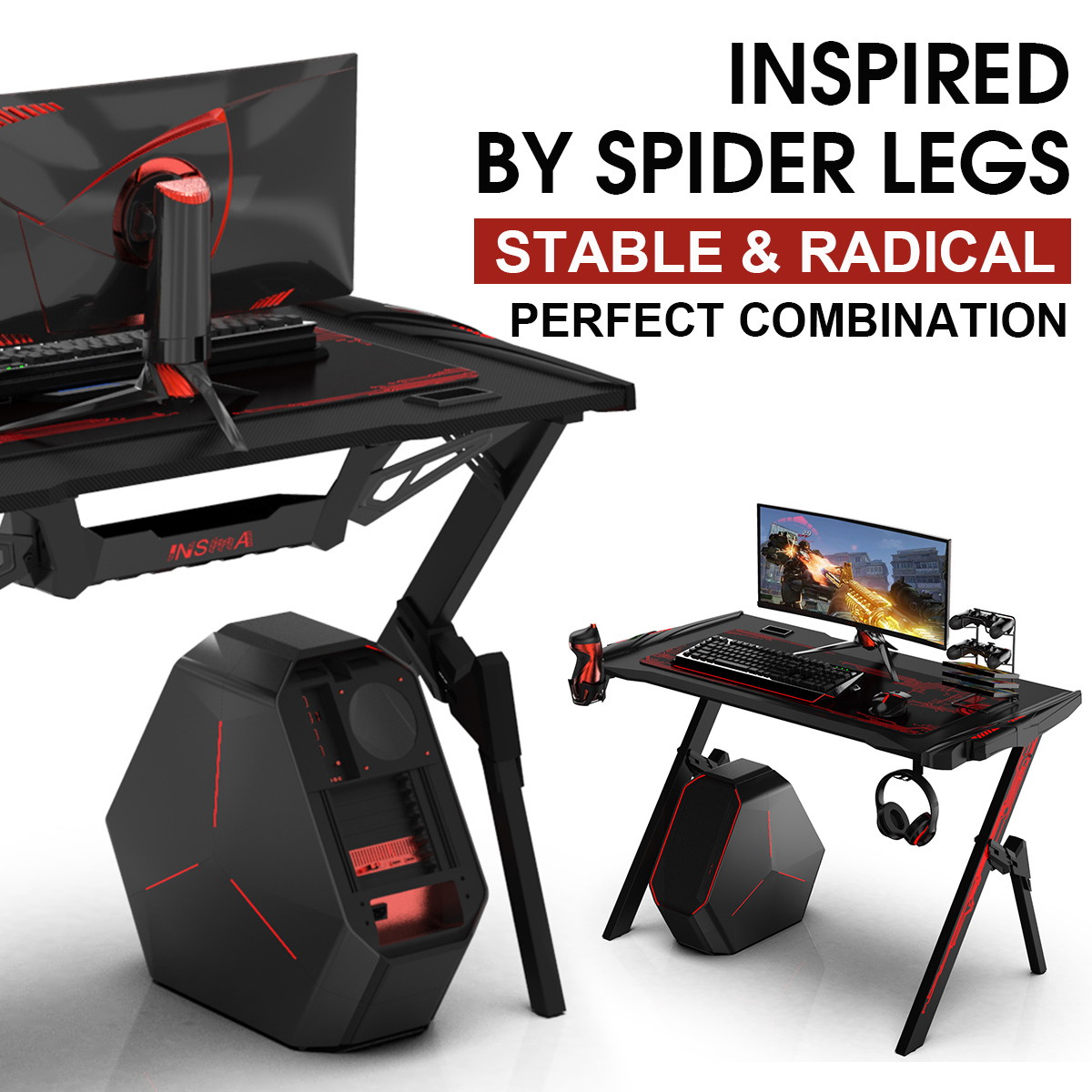 43.3" Metal Gaming Computer Desk RGB LED Lights W/ Cup Holder Headphone Hook Mouse Mat