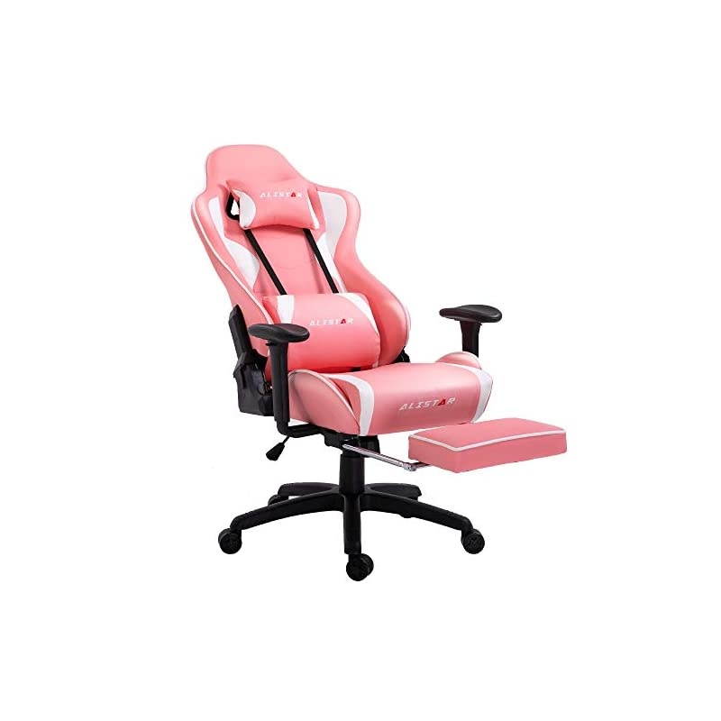Gaming Chair Racing Office Chair High Back Computer Desk Chair PU Leather Chair Ergonomic and Executive Swivel Chair with Footrest Headrest and Lumbar Massage Support (AL-6019-PINK)