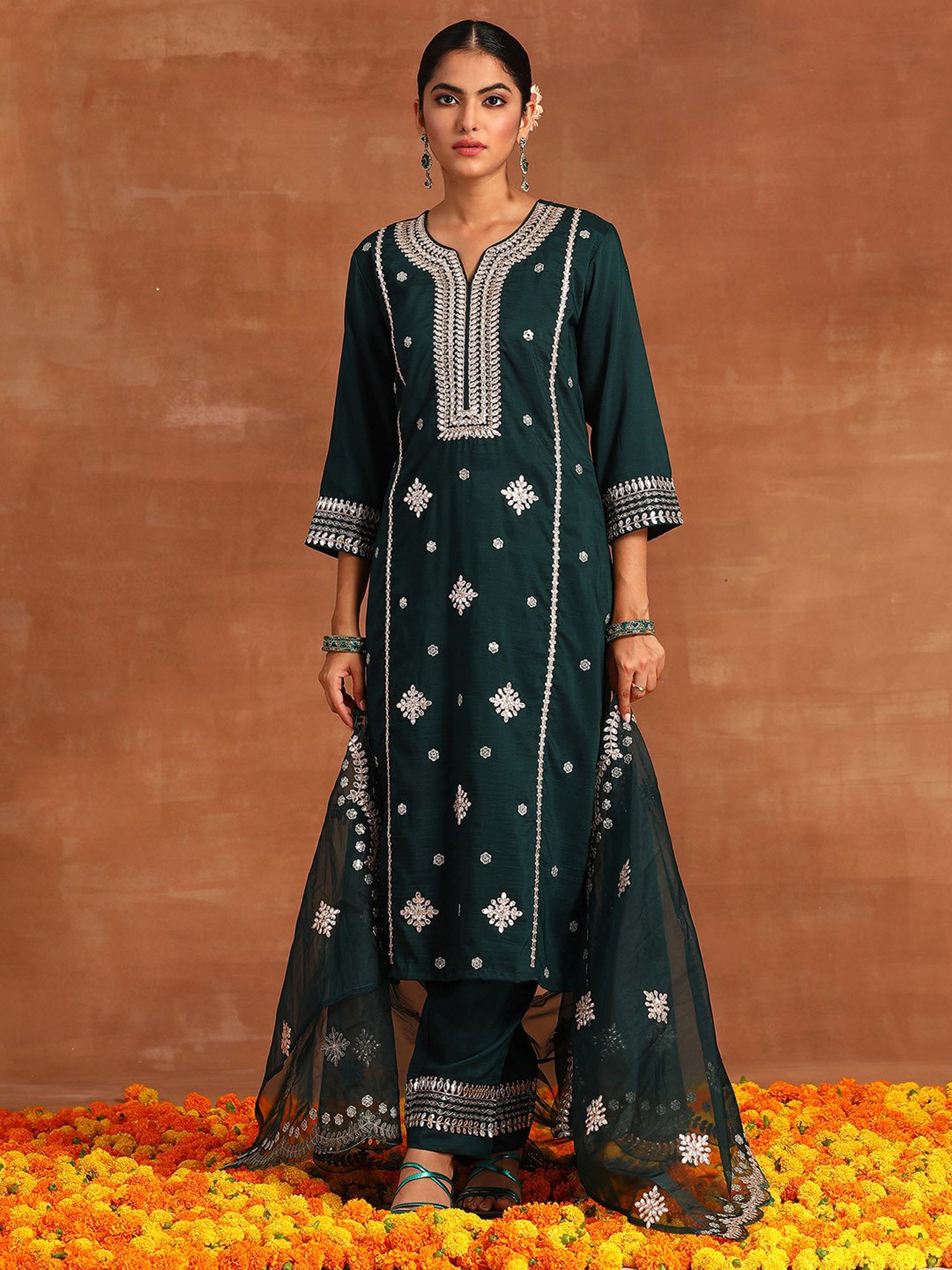 Indo Era Green Embroidered Kurta With Pant & Dupatta