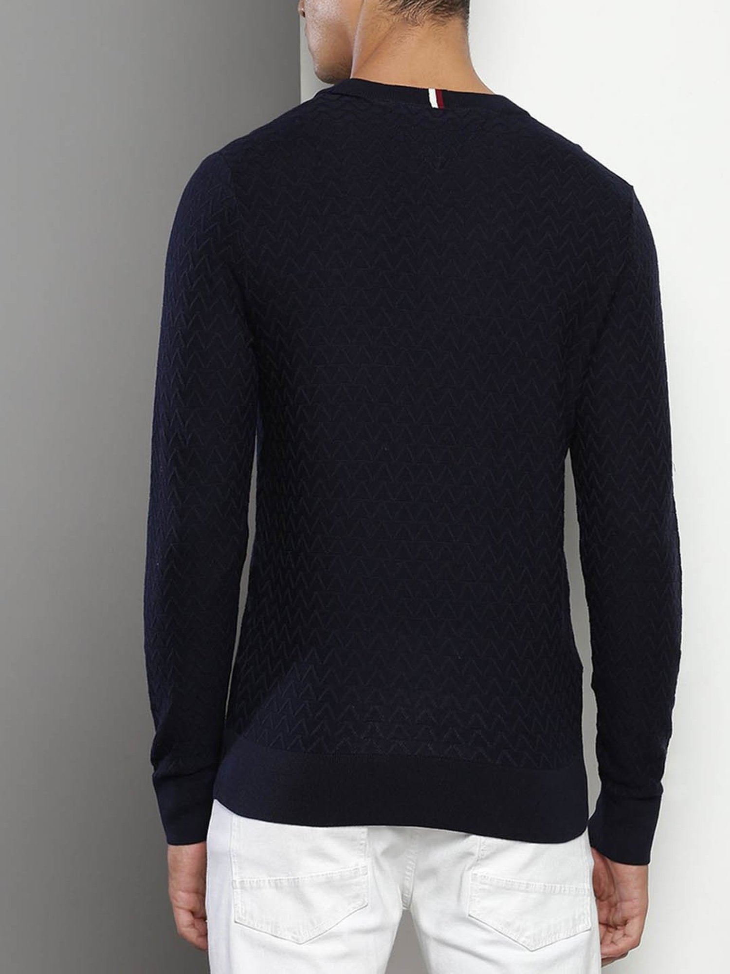 Tommy Hilfiger Navy Cotton Regular Fit Self Pattern Sweater