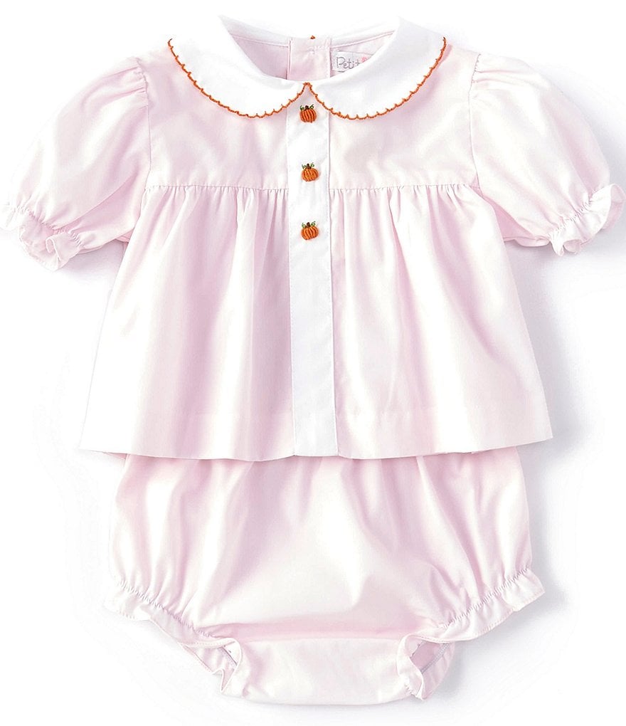 Petit Ami Baby Girls Newborn-9 Months Short-Sleeve Pumpkin-Embroidered Top & Diaper Cover Set