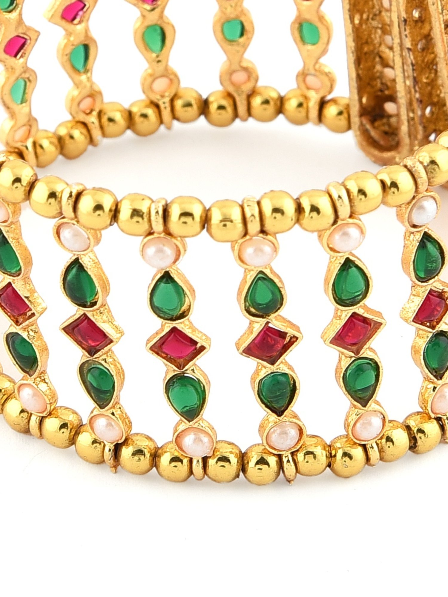 Zaveri Pearls Green & Pink Kundan Embellished Traditional Cuffs Bracelet - ZPFK11437