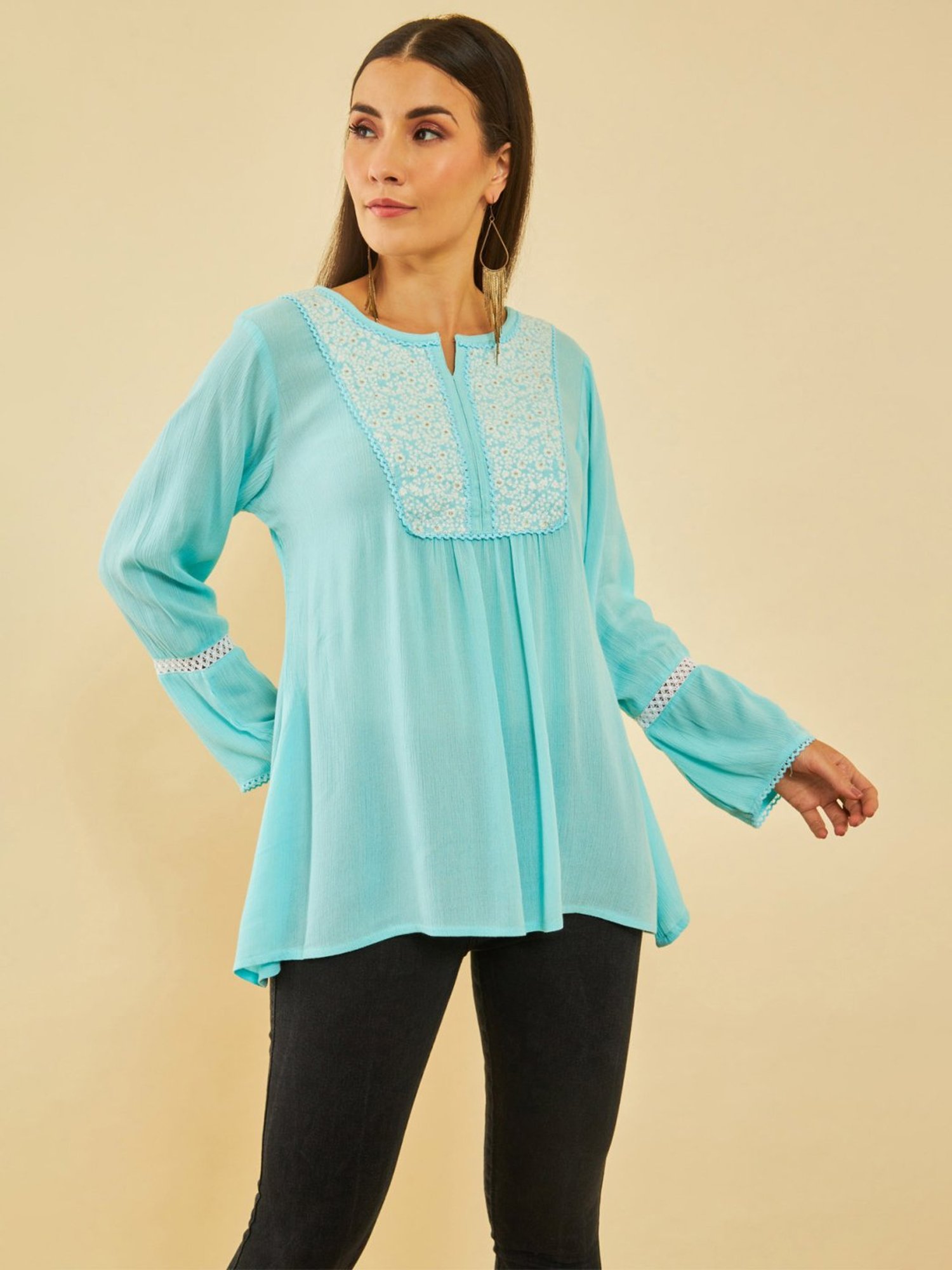Soch Powder Blue Yoke Design Embroidery Tunic With Lace