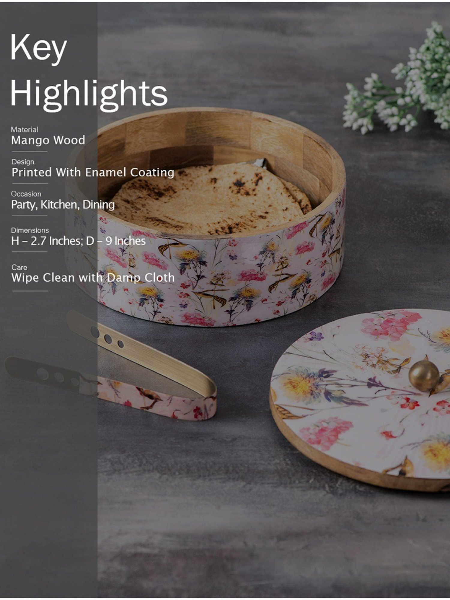 Nestroots Printed Casserole Wooden Box Chapati Box Food Warmer Set hotpot roti Box with Lid Tong