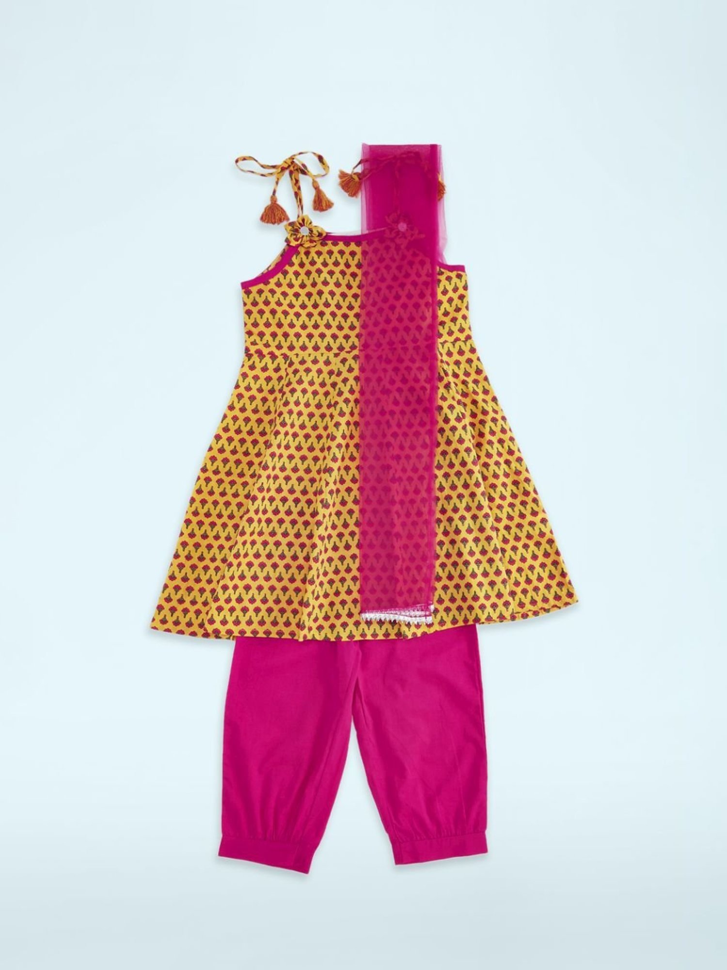 Akkriti by Pantaloons Kids Mustard & Pink Cotton Floral Print Kurta Set