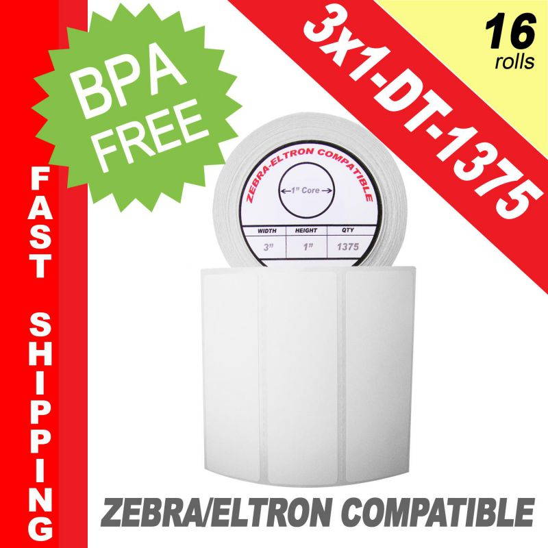 Zebra/Eltron-Compatible 3 x 1 Labels (3" x 1") -- BPA Free! (16 Rolls; 1,375 Labels per Roll)