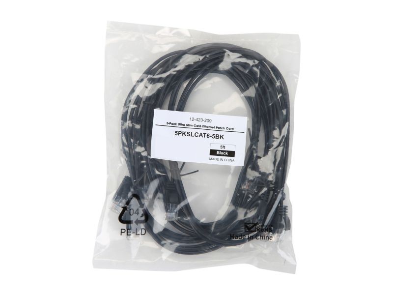 Coboc 5PKSLCAT6-5BK 5-Pack Ultra Slim Cat6 UPT Snagless Network Ethernet Lan Cables - 5 Pack Patch Cord in Black - 5FT