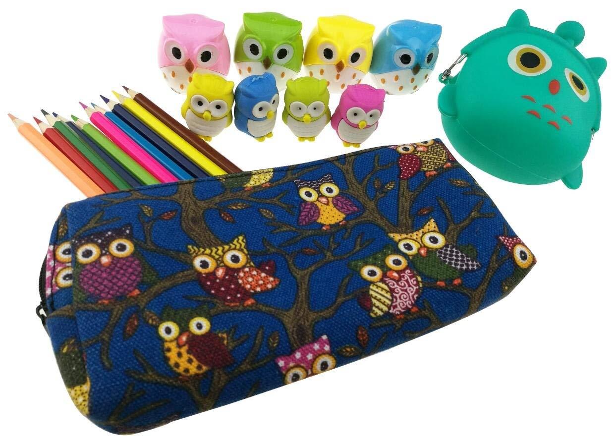 Cute Cartoon Owl Theme Set 5 Kinds of Stationery Include 1 Change Purse 1 Pencil Bag 4 Pencil Sharpener 4 Eraser 10 Colored Pencils for Kids Painting Birthday Christmas Gift