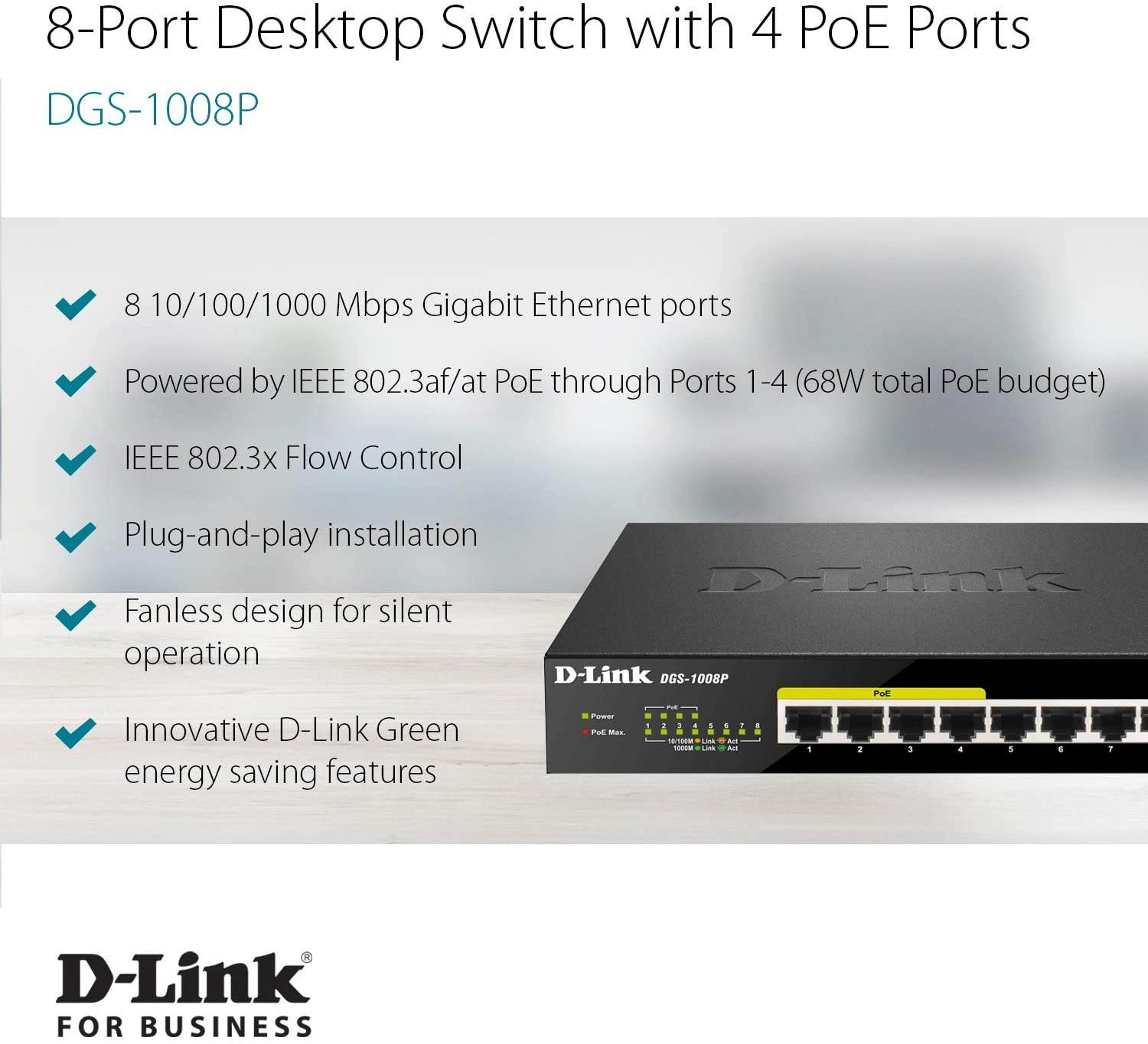 D-Link PoE Switch, 8 Port Ethernet Gigabit Unmanaged Desktop Switch,Black & Ethernet Switch, 8 Port Gigabit Unmanaged Metal Fanless Desktop or Wall Mount Design (DGS-108), Black