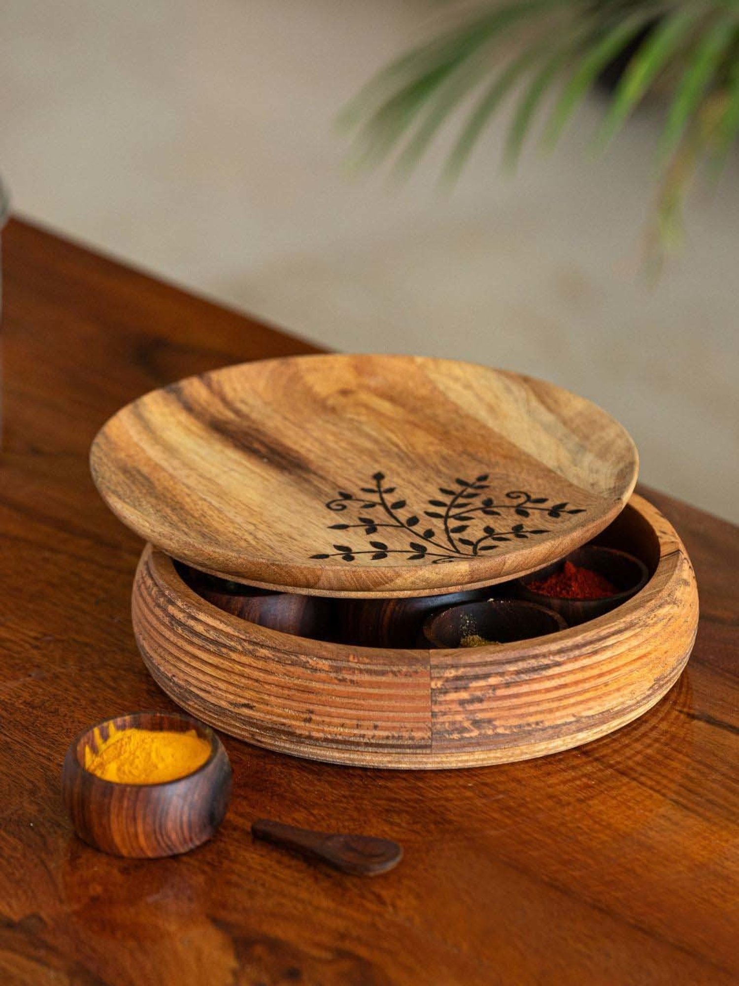 ExclusiveLane Light Brown Mango Wood Burnt Leaf Handcrafted Spice Box with Spoon & Containers
