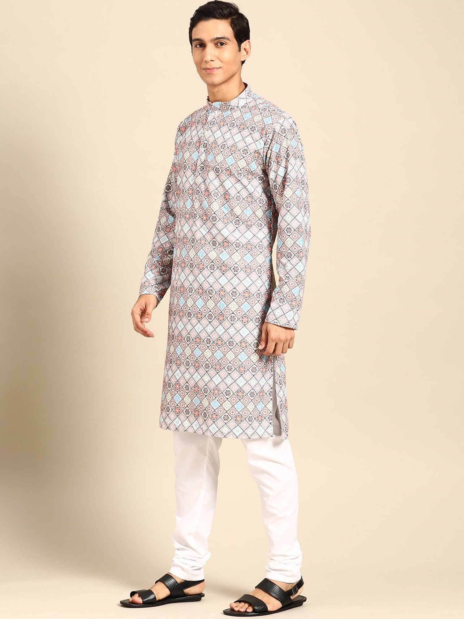 ManQ Multicolored Pure Cotton Regular Fit Embroidered Kurta Bottom Set