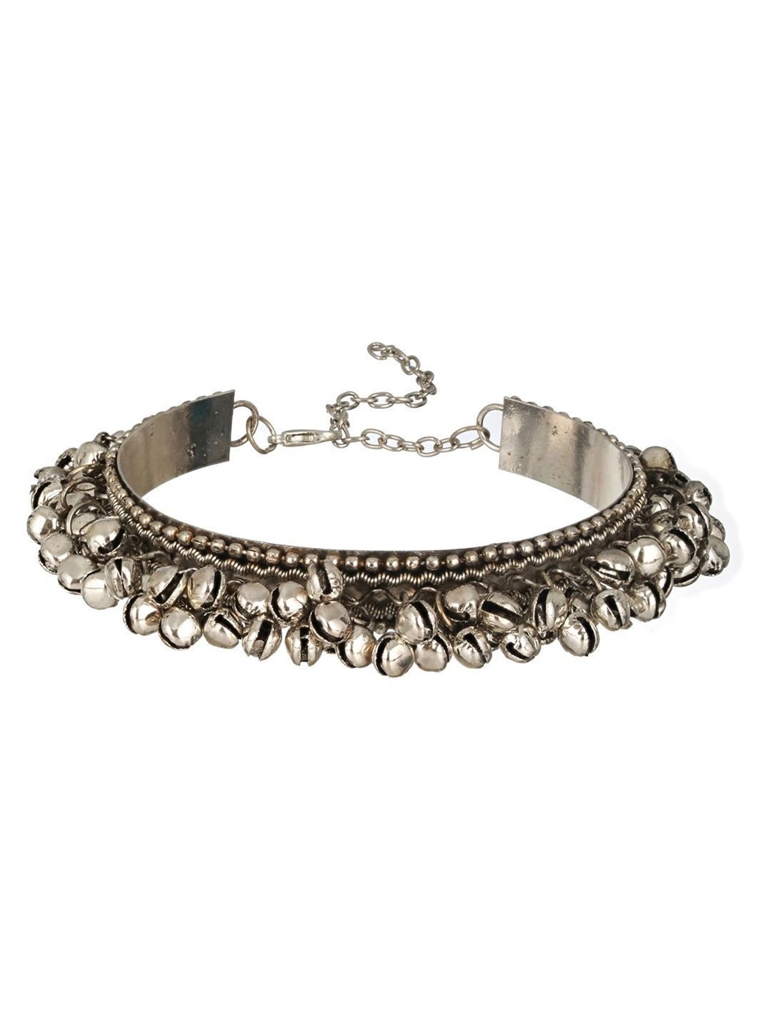 Aatmana Silver-Plated Ghungroo Beaded Oxidized Handcrafted Bangle Style Bracelet