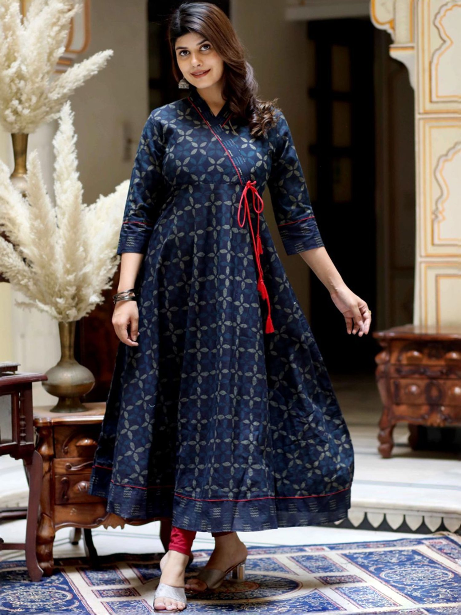 Miravan Blue Cotton Angrakha Printed Kurta