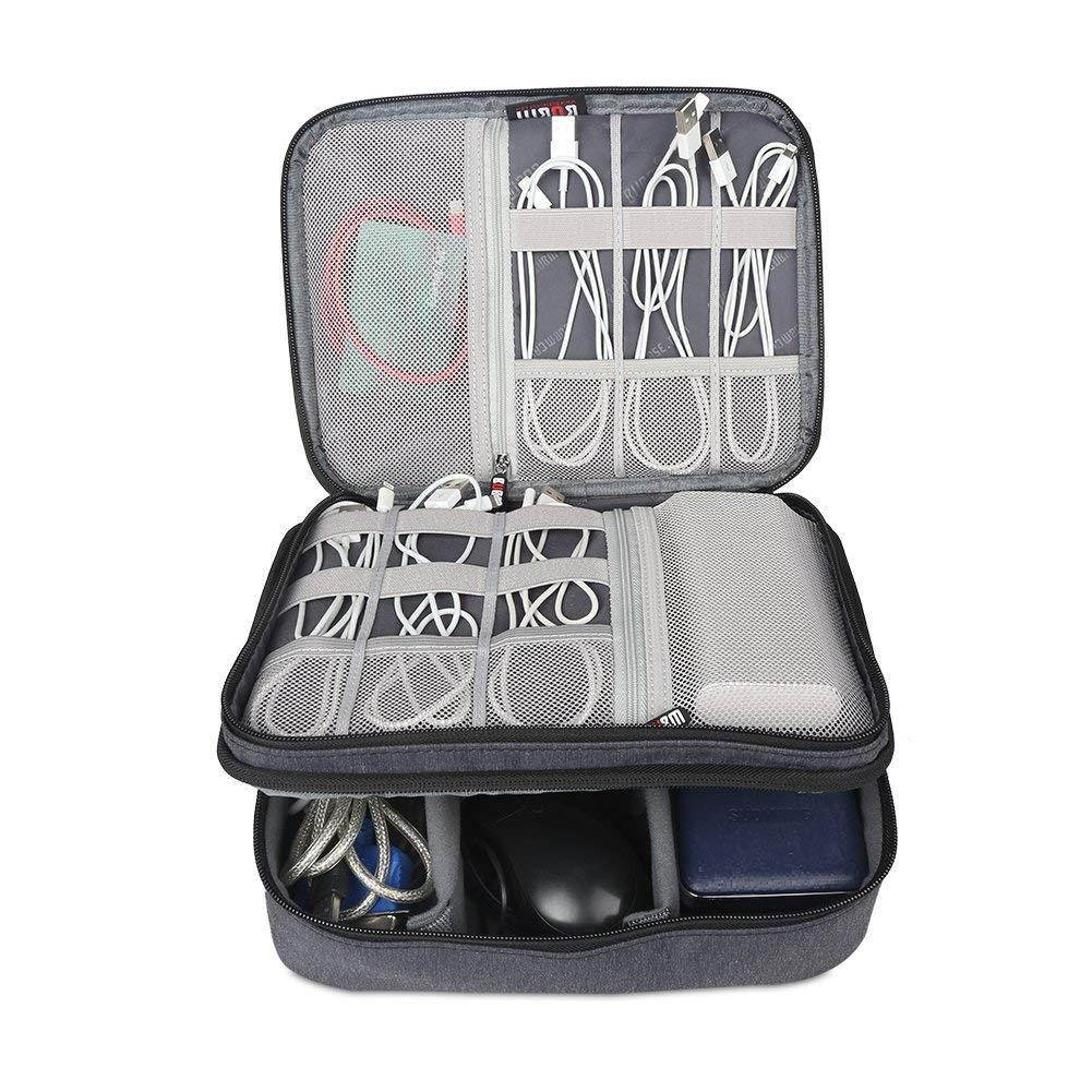 BUBM Electronic Organizer, Double Layer Travel Accessories Storage Bag for Cord, Adapter, Battery, Camera and More-a Sleeve Pouch for iPad or up to 9.7" Tablet(Large, Black)