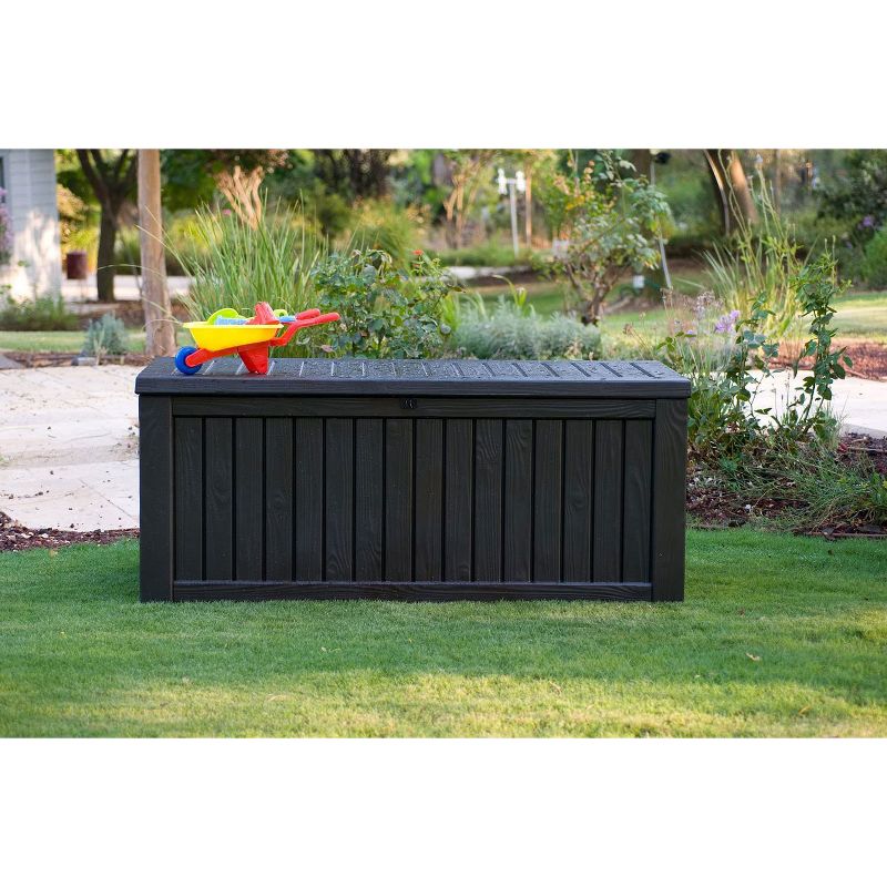 Keter 209721 Large 150 Gallon Waterproof All Weather Resistant Wood Panel Outdoor Backyard Rockwood Patio Porch Deck Garden Storage Box Bench, Brown