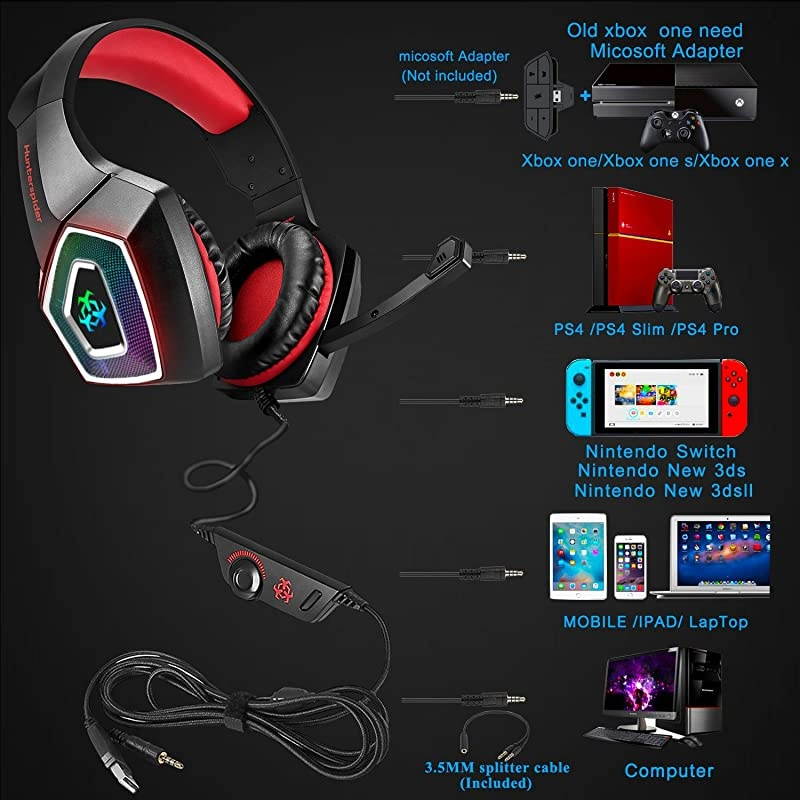 One Gaming Headset for PS4PCLED Light On Ear Headphone with Mic for MacLaptopNintendo Switch Games Wired Headset Red