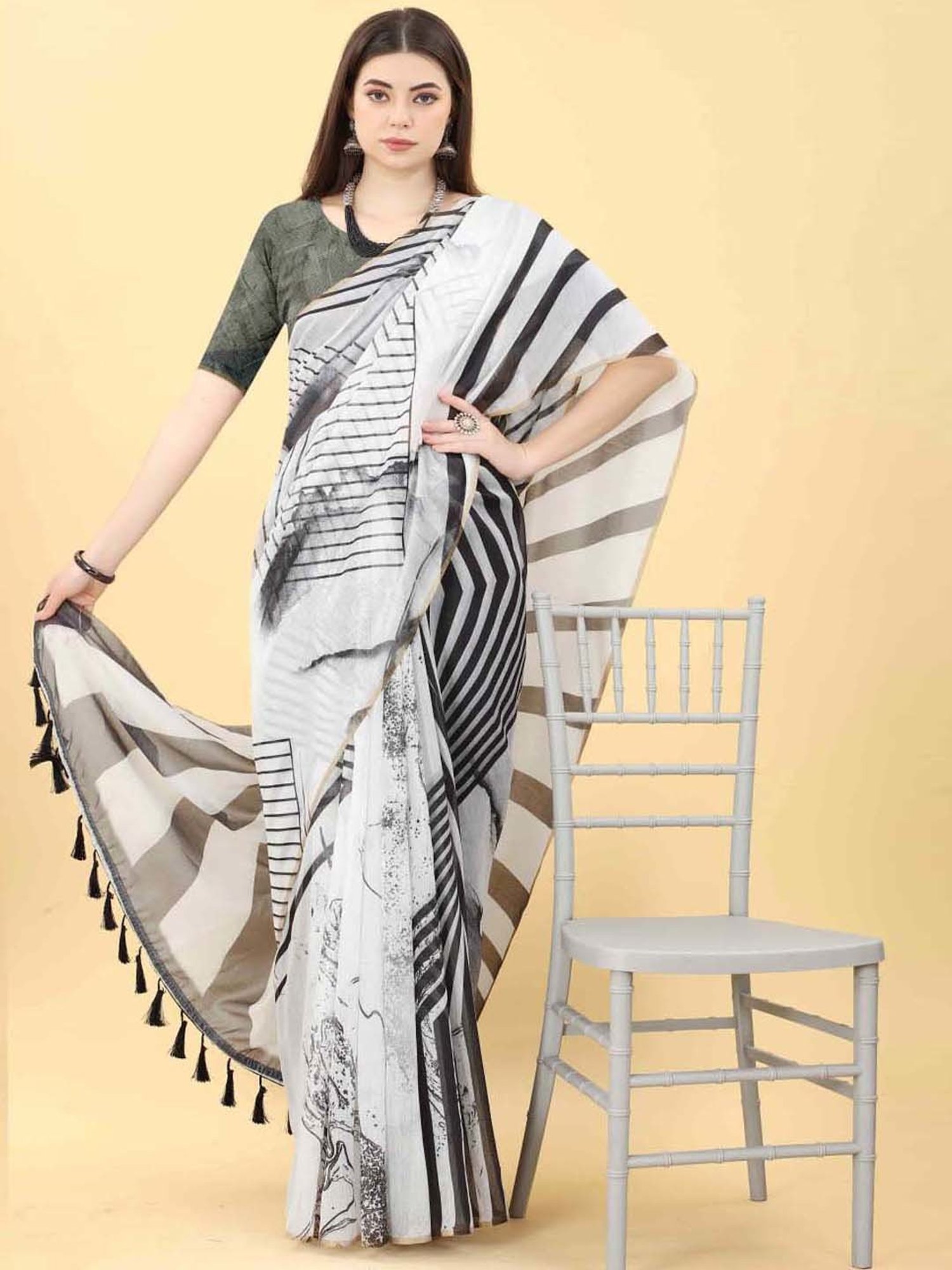 Silk Land White & Black Printed Saree With Unstitched Blouse