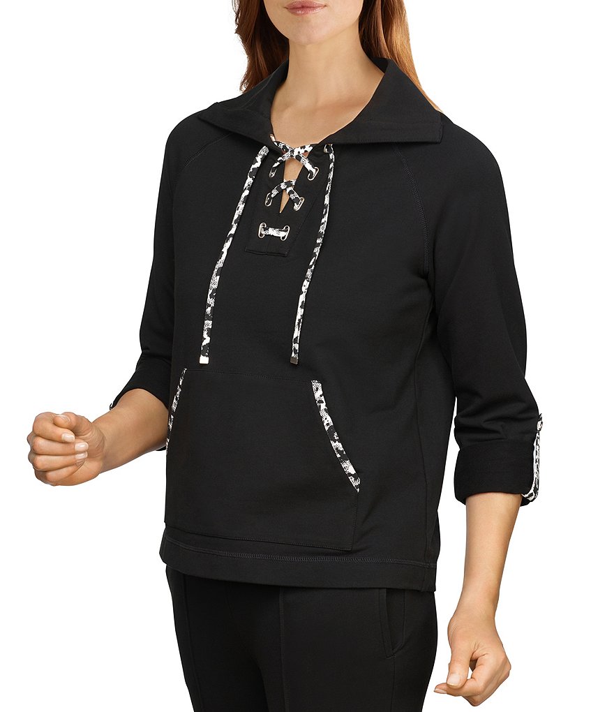 Ruby Rd. Petite Size Contrast Lace Up Front Split V-Neck 3/4 Roll-Tab Sleeve Pullover