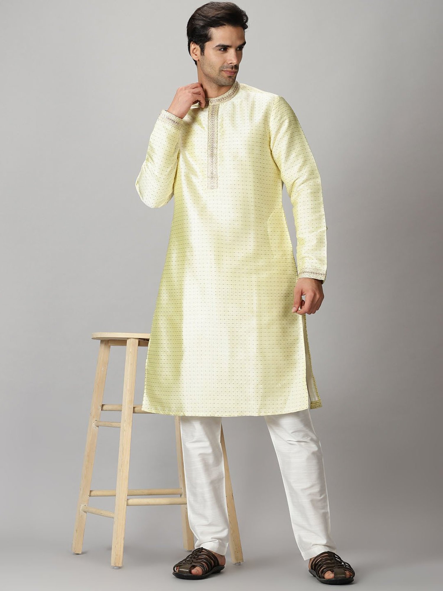 Saffron Threads Lemon Yellow Jacquard Kurta