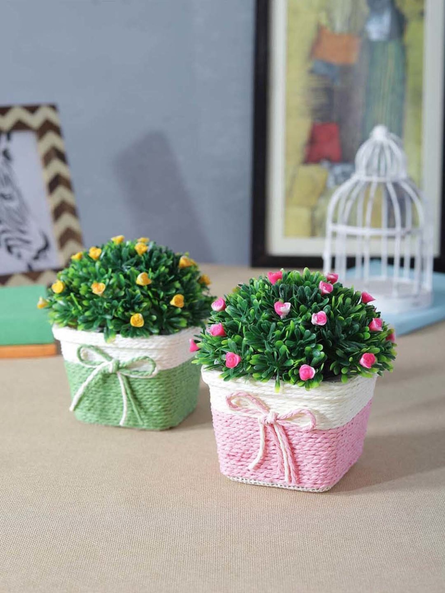 Foliyaj Multicolor Plastic Artificial Flower Plant With Pot - Set of 2