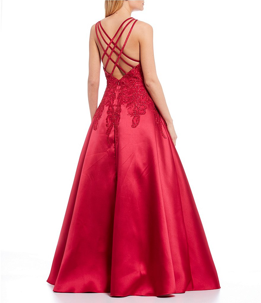 Coya Collection Plunging V-Neck Embroidered Beaded Satin Ball Gown