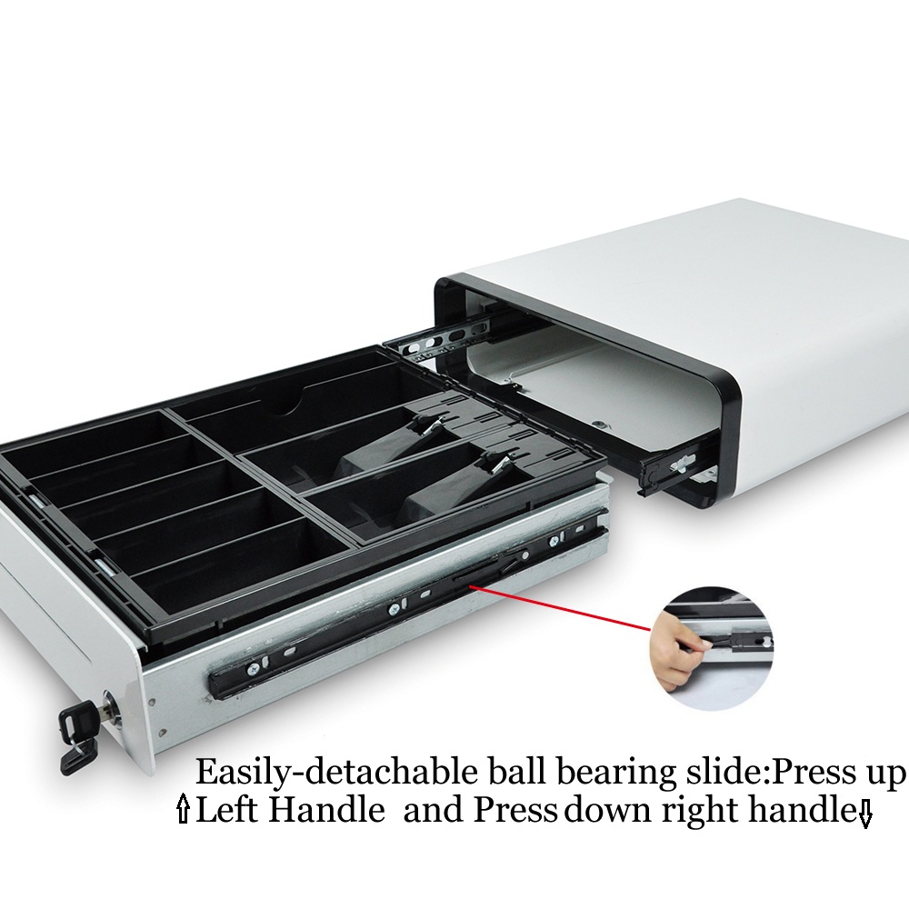 Beelta Mini Cash Register Drawer 13&rdquo; for Point of Sale (POS) System with Fully Removable Cash Tray, 5 Bill slots / 5 Coin slots, 24V, RJ11/RJ12 Key-Lock, Media Slot, SPCC, White