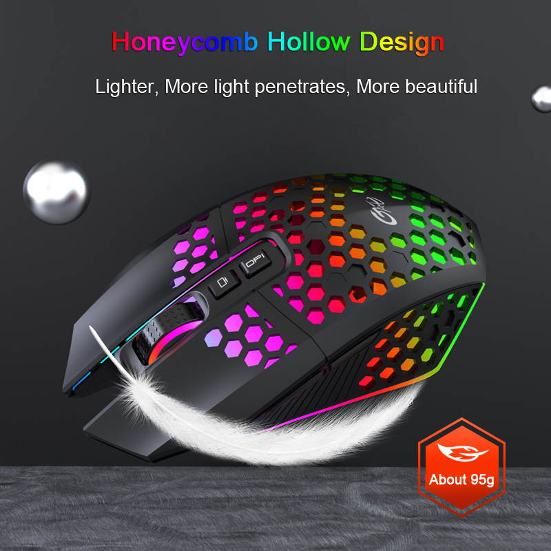 Honeycomb RGB Rechargeable Wireless Gaming Mouse 2.4GHz Optical Mouse 7 Buttons 3 Gears 1600 DPI Adjustable Mice for Desktop PC Laptop