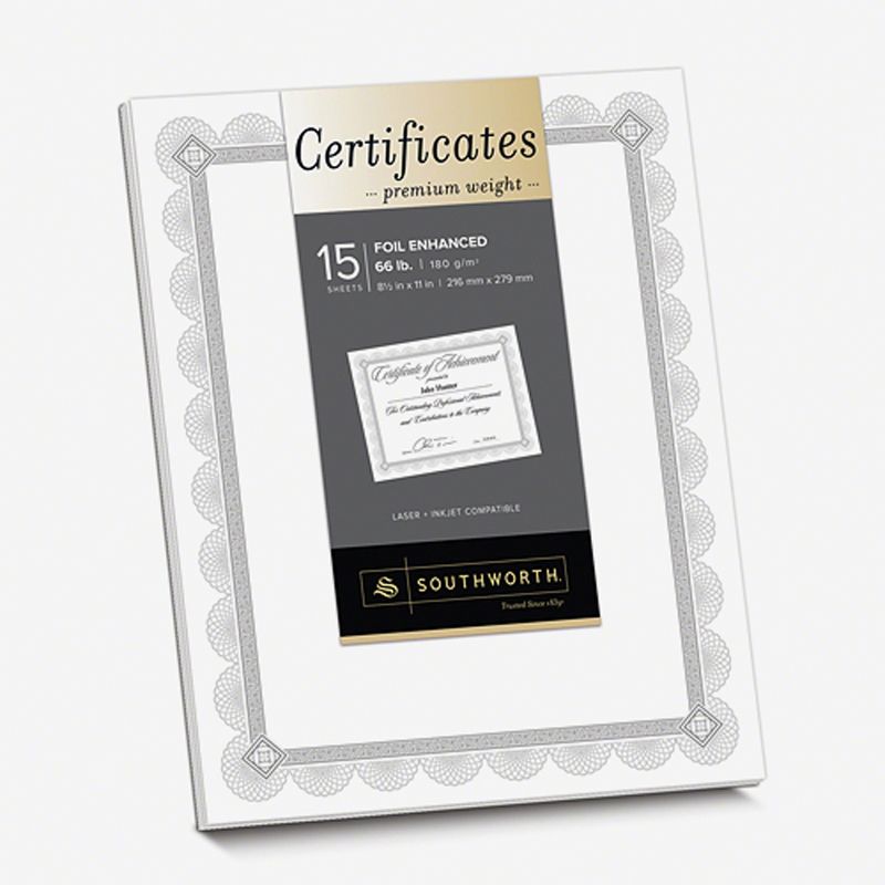 SOUTHWORTH CO. Premium Certificates White Spiro Silver Foil Border 66 lb  8 5 x 11 15/Pack CTP2W