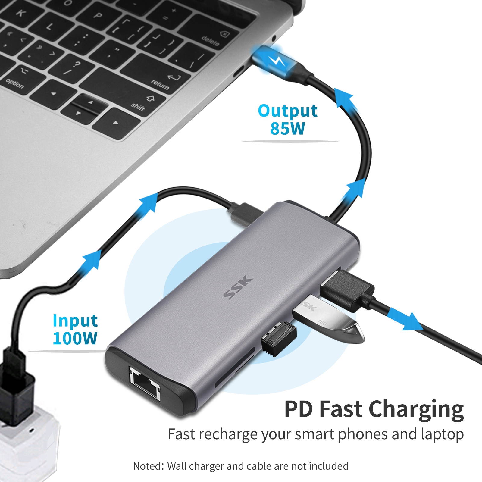 SSK USB C Hub, 8-in-1 Type C Multiport Hub Adapter with RJ45 Ethernet, 4K HDMI, PD3.0 Powered, 2 USB 3.0, 1 USB2.0, SD/TF Cards Reader USB C Dock for MacBook/Pro/Air and More Type C Devices
