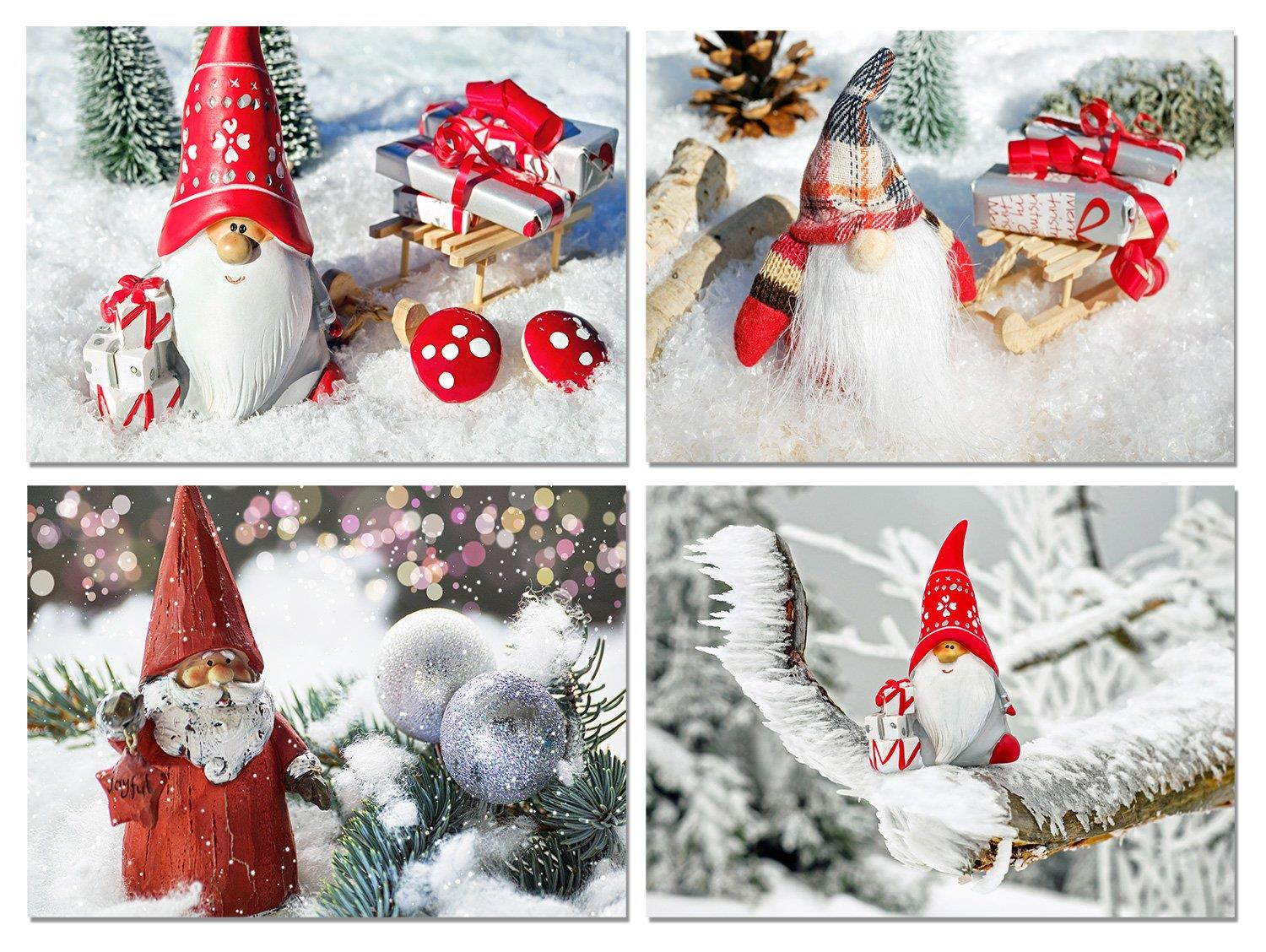 Christmas Gnomes Blank Note Cards - Holiday Greeting Cards with Envelopes - 4 Unique Designs - 5.5"x4.25" (12 Pack)
