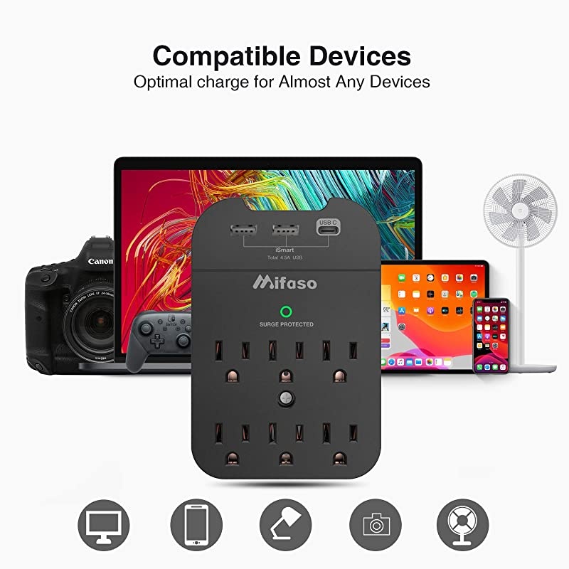 Outlet Surge Protector Power Strip Multi Plug Outlet Extender 6Outlets 3 USB 45A Mountable Adapter with Type C Port Phone Holder for Office Home Christmas Gift490 Joules Black