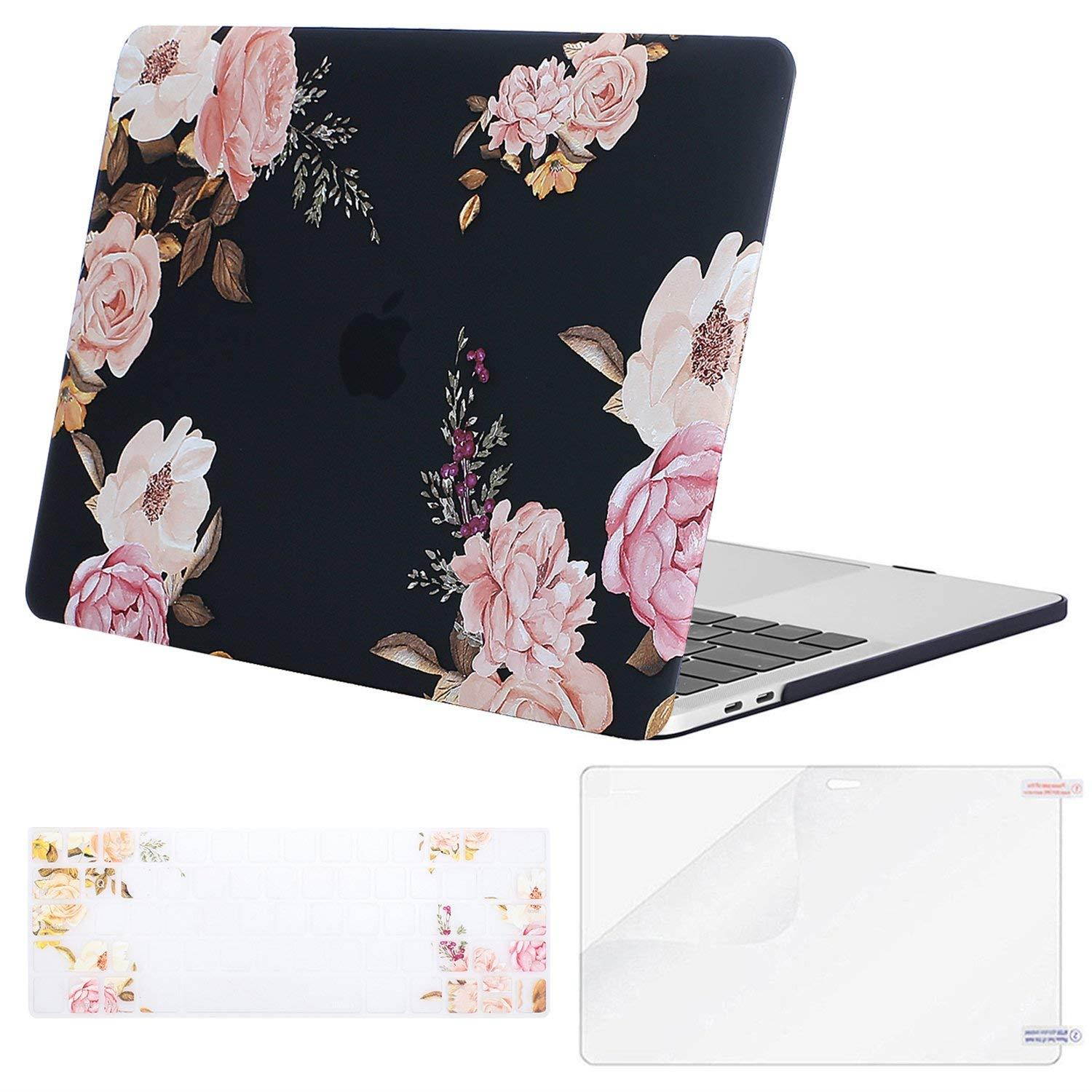 MOSISO MacBook Pro 15 Case 2018 2017 2016 Release A1990/A1707 Touch Bar, Plastic Pattern Hard Shell & Keyboard Cover & Screen Protector Compatible Newest Mac Pro 15 Inch, Peony Blossom