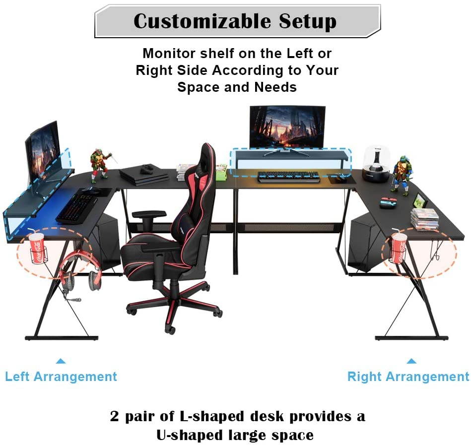 Bestier 55.2" Gaming Desk Racing Style PC Computer Desk L-Shaped Desk Corner Home Office Table with Ergonomic Monitor Stand & RGB Strip Light & Multifunctional Hook (Black Carbon Fiber)