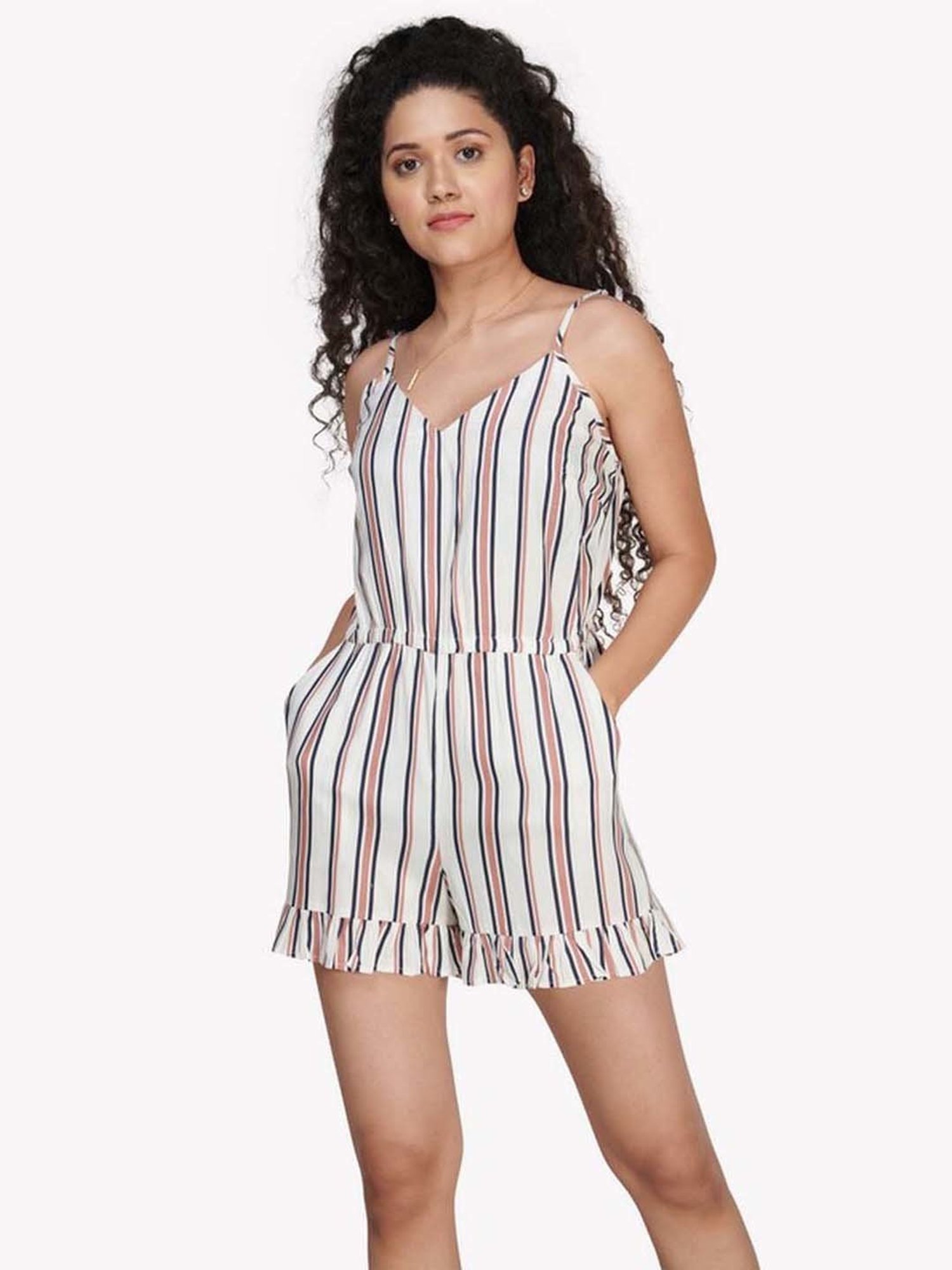 VASTRADO Pink & White Cotton Striped Playsuit
