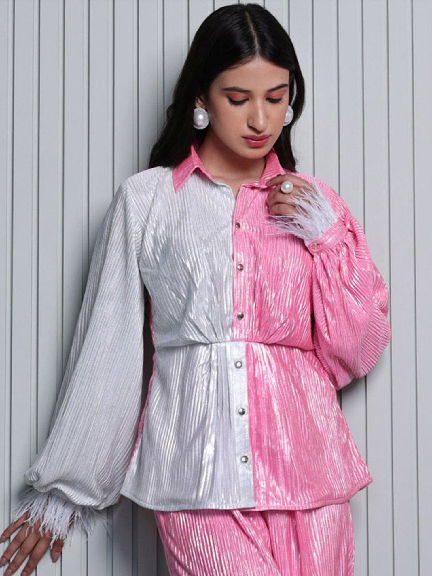 BInfinite BInfinite Metallic White Pink Pleated Shirt with Fur Cuffs