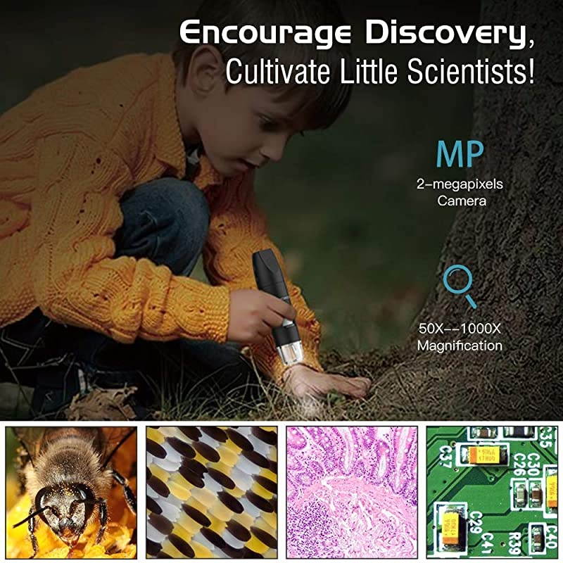WiFi USB Digital Microscope 1080P HD 2MP Camera 50x to 1000x Magnification Mini Pocket Handheld Wireless Endoscope 8 LED Arm Stand Compatible with iPhoneiPadMacWindowAndroidiOS Black